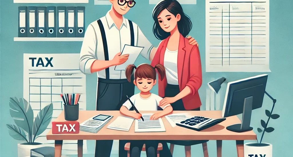 An illustration of a family with a child managing a small business setup, including tax documents, calculators, and business-related tools on a desk.