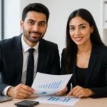 Attractive South Asian couple in business attire reviewing asset transfer documents at a professional office