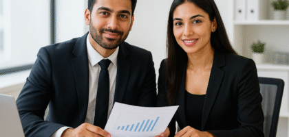 Attractive South Asian couple in business attire reviewing asset transfer documents at a professional office