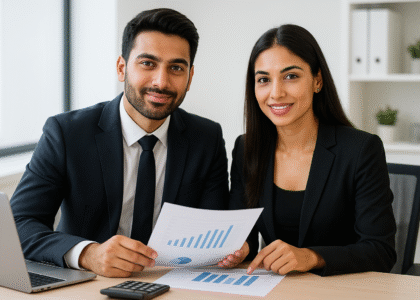 Attractive South Asian couple in business attire reviewing asset transfer documents at a professional office