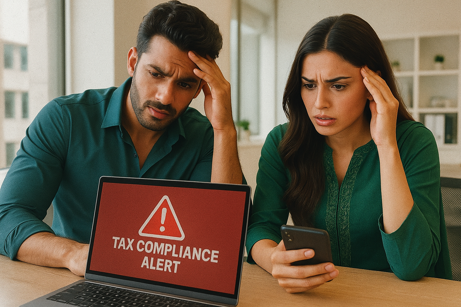Pakistani online seller and courier agent reacting to a digital FBR penalty notice for unregistered e-commerce activity under Section 182, captured with iPhone 16 clarity in a professional environment.
