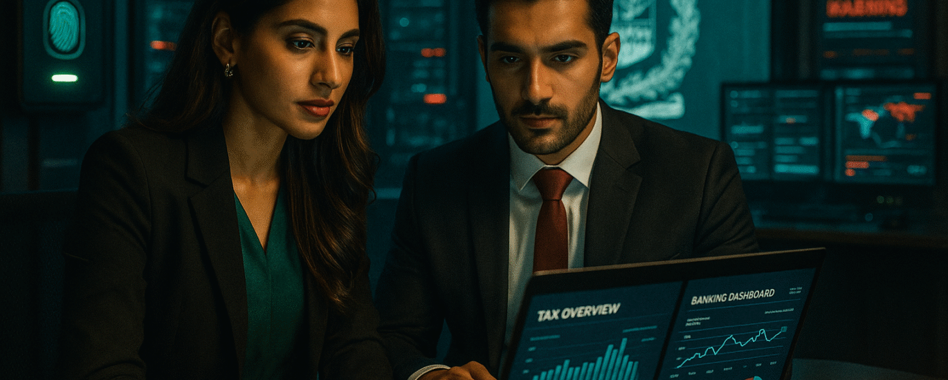 Pakistani male and female officers in a secure tech-based control room reviewing banking and tax data under Section 175AA, showing real-time dashboard and algorithm flags, captured in high-resolution iPhone 16 quality.