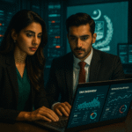 Pakistani male and female officers in a secure tech-based control room reviewing banking and tax data under Section 175AA, showing real-time dashboard and algorithm flags, captured in high-resolution iPhone 16 quality.