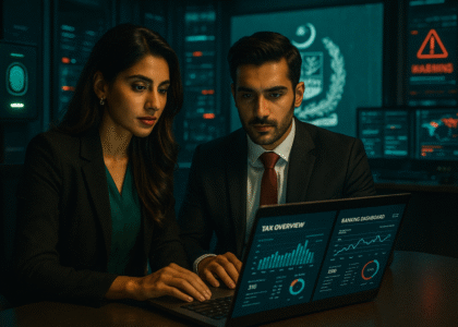 Pakistani male and female officers in a secure tech-based control room reviewing banking and tax data under Section 175AA, showing real-time dashboard and algorithm flags, captured in high-resolution iPhone 16 quality.
