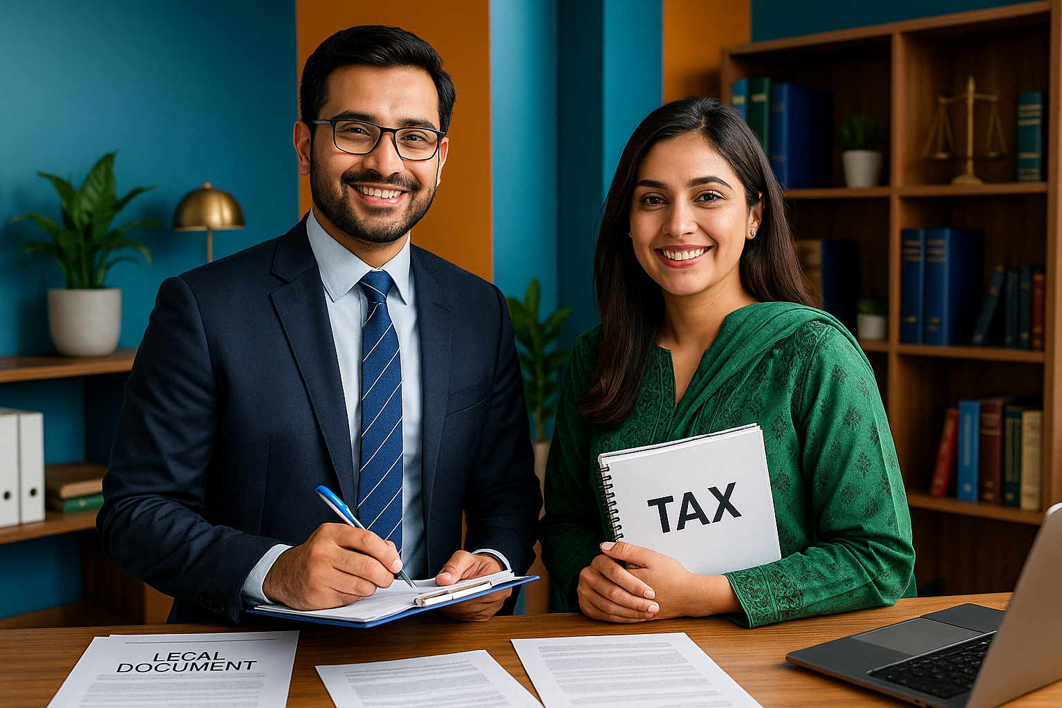 Professional Pakistani man and woman Chartered Accountants in a stylish, vibrant office with legal and tax documents, captured with iPhone 16 clarity, smiling confidently into the camera.