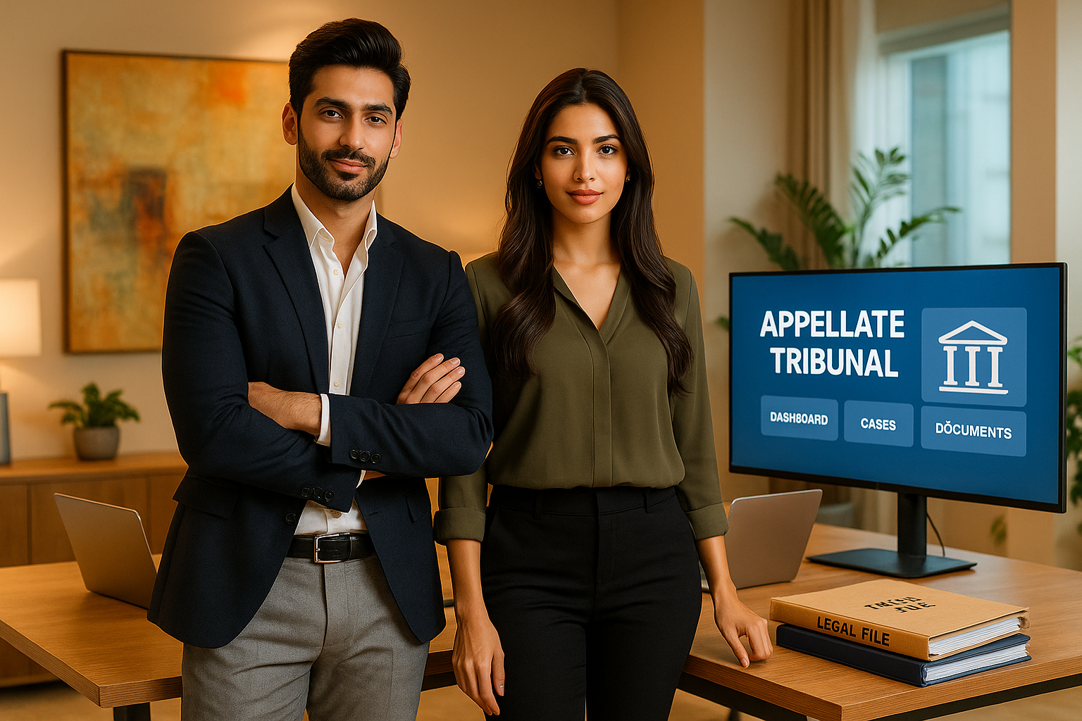 Pakistani man and woman in a vibrant office, discussing tax appeal strategy with legal documents