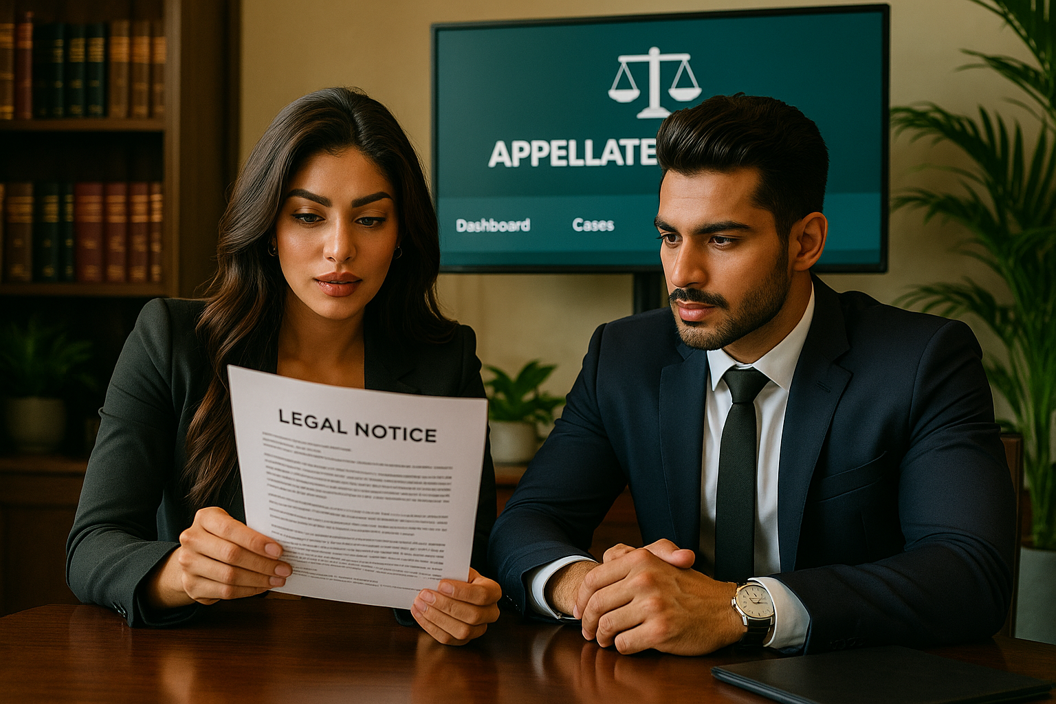 Pakistani man and woman reviewing a tax appeal notice in a modern office with bright, professional ambiance, preparing for a direct appeal to the Tribunal under Section 131(1), captured with iPhone 16 clarity.