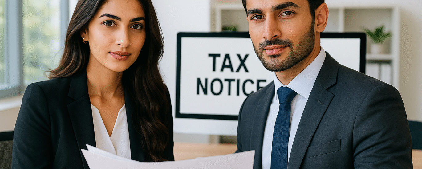 Professional Pakistani man and woman in a bright office, reviewing tax documents and a show cause notice related to Section 122(9) compliance under the Finance Act 2025