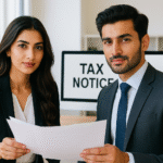 Professional Pakistani man and woman in a bright office, reviewing tax documents and a show cause notice related to Section 122(9) compliance under the Finance Act 2025