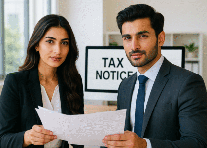 Professional Pakistani man and woman in a bright office, reviewing tax documents and a show cause notice related to Section 122(9) compliance under the Finance Act 2025
