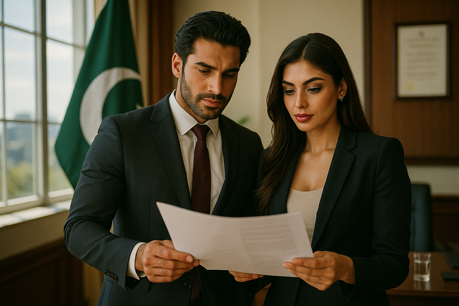 Pakistani male and female executives in a government office, reviewing Alternative Dispute Resolution documents under Section 134A for SOEs