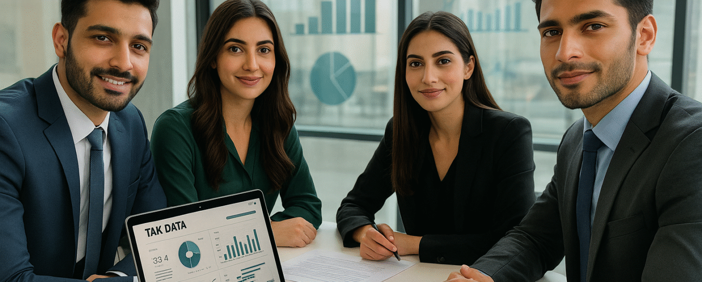FBR officers and researchers analyzing anonymized taxpayer data in a collaborative environment, as allowed under Section 216 amendments of Finance Act 2025.