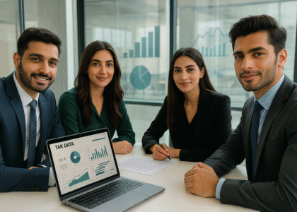 FBR officers and researchers analyzing anonymized taxpayer data in a collaborative environment, as allowed under Section 216 amendments of Finance Act 2025.