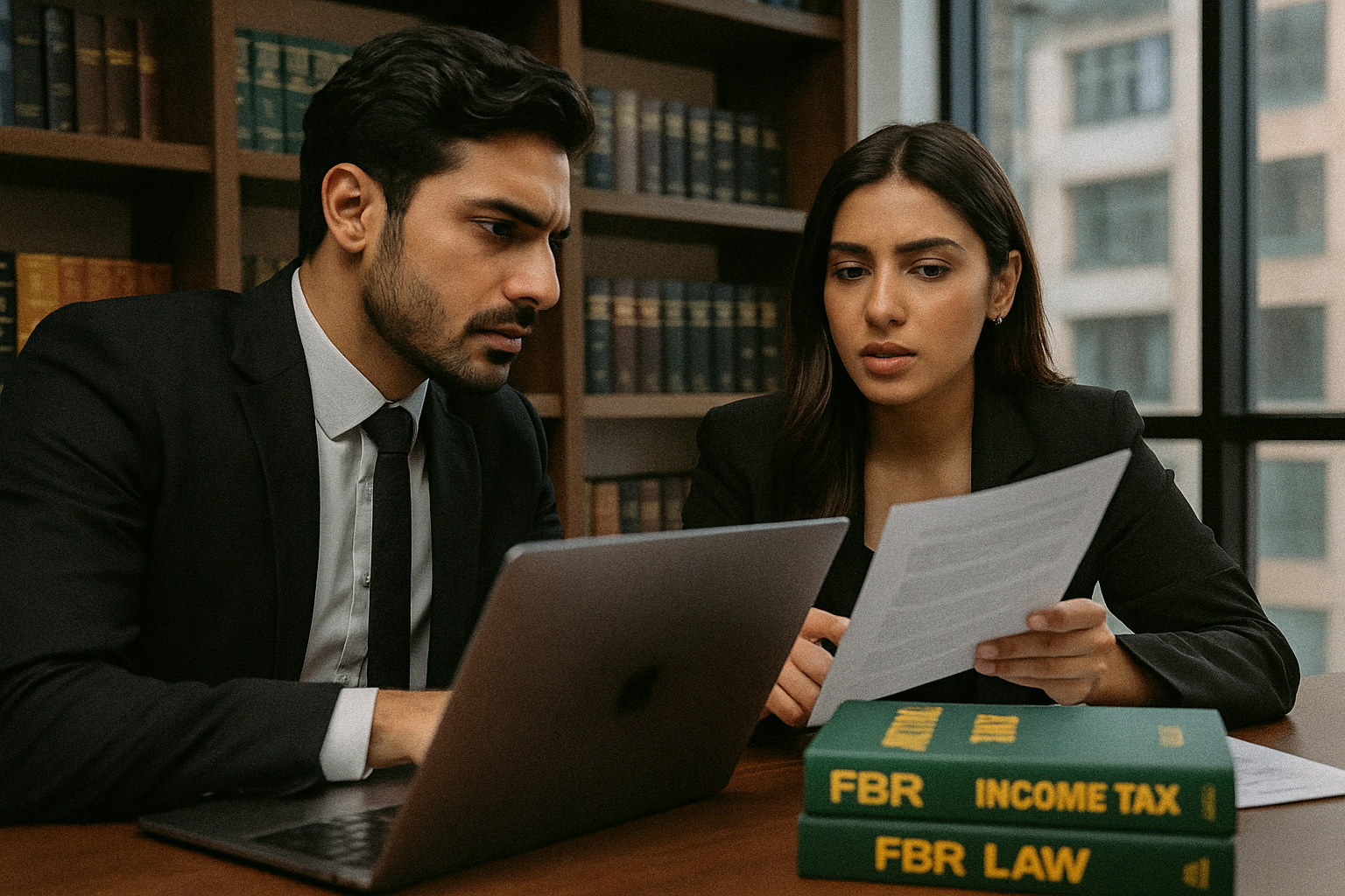Male and female legal experts discussing FBR deadline extension limits introduced via Finance Act 2025 under Section 214A, in a professional office setting with modern technology and documentation.