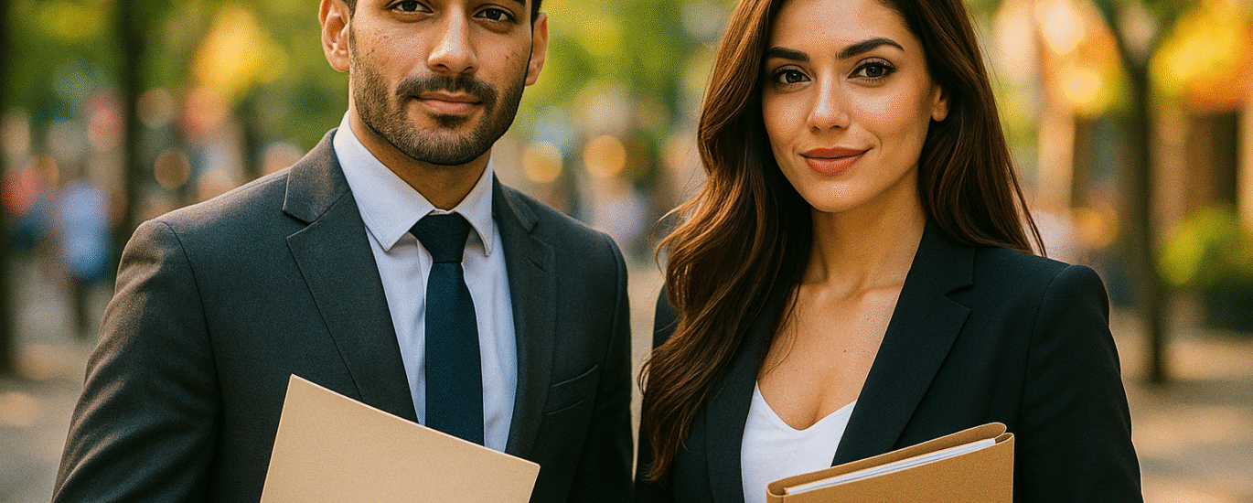 Confident Pakistani man and woman standing together in a city office setting, representing online entrepreneurs aware of tax compliance under Section 140.