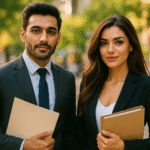 Confident Pakistani man and woman standing together in a city office setting, representing online entrepreneurs aware of tax compliance under Section 140.