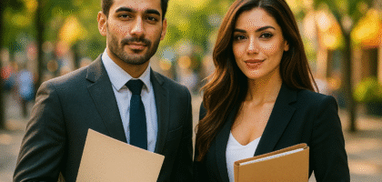 Confident Pakistani man and woman standing together in a city office setting, representing online entrepreneurs aware of tax compliance under Section 140.