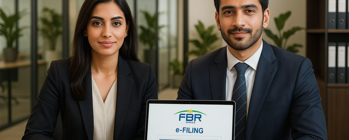 Confident Pakistani man and woman at a modern office desk, looking at the camera, with laptops and documents related to digital business compliance under Finance Act 2025.