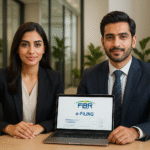Confident Pakistani man and woman at a modern office desk, looking at the camera, with laptops and documents related to digital business compliance under Finance Act 2025.