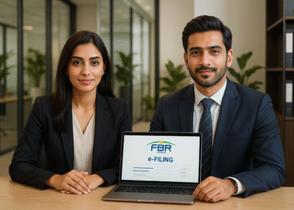 Confident Pakistani man and woman at a modern office desk, looking at the camera, with laptops and documents related to digital business compliance under Finance Act 2025.