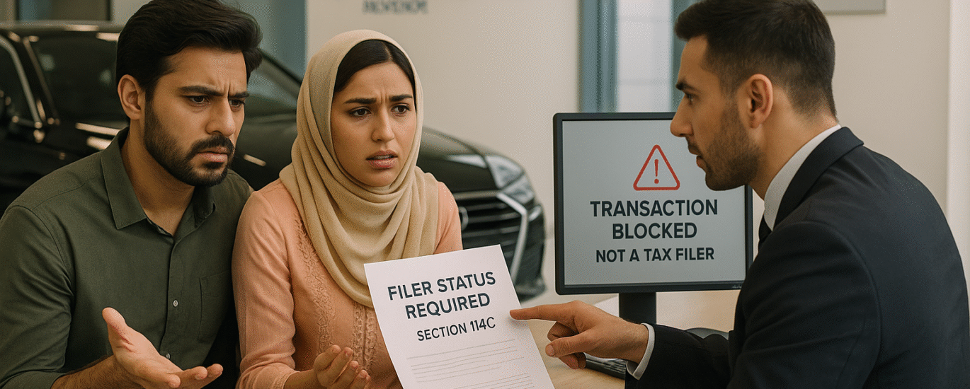 Frustrated Pakistani man unable to purchase a car due to FBR Section 114C restrictions for non-filers, as shown by dealership staff.