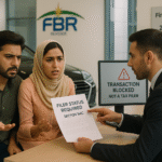 Frustrated Pakistani man unable to purchase a car due to FBR Section 114C restrictions for non-filers, as shown by dealership staff.