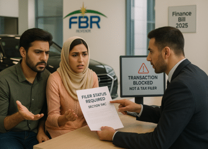 Frustrated Pakistani man unable to purchase a car due to FBR Section 114C restrictions for non-filers, as shown by dealership staff.