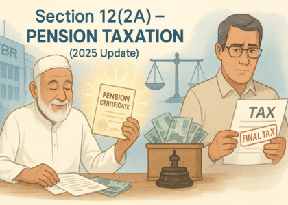 Visual concept of pension taxation under Section 12(2A) in Pakistan showing senior citizen exemption and final tax on pensions above 10 million.