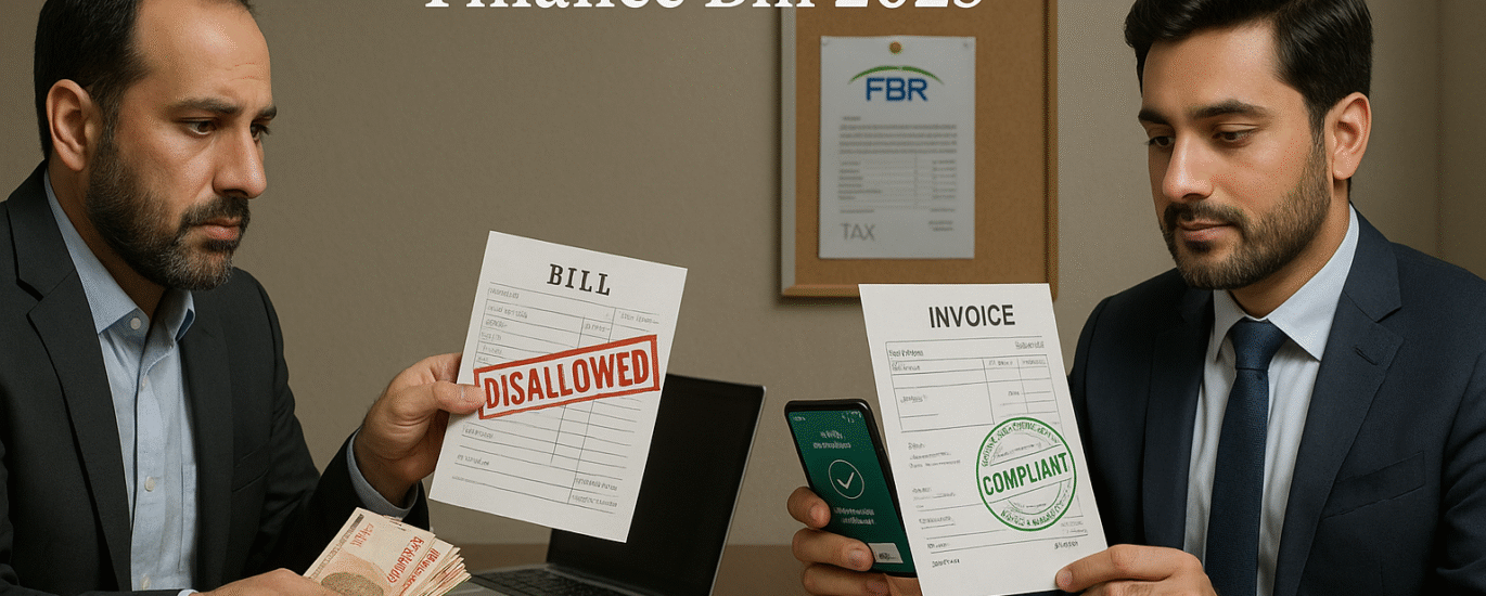 Realistic office scene showing cash transaction being disallowed and digital NTN-based sale being accepted under Section 21 of Pakistan’s Income Tax Ordinance.