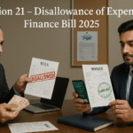 Realistic office scene showing cash transaction being disallowed and digital NTN-based sale being accepted under Section 21 of Pakistan’s Income Tax Ordinance.