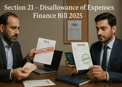 Realistic office scene showing cash transaction being disallowed and digital NTN-based sale being accepted under Section 21 of Pakistan’s Income Tax Ordinance.