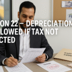 Pakistani businessman reviewing capital asset invoice marked as disallowed due to non-deduction of tax under Section 152/153, with visible tax files and ledger.