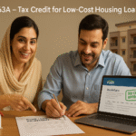 Pakistani couple reviewing home loan and tax documents with a miniature house and laptop, highlighting tax credit on low-cost housing under Section 63A.