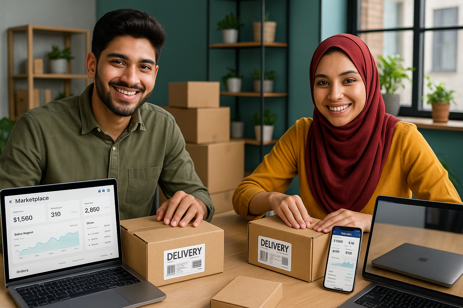 Pakistani male and female entrepreneurs using online marketplace platforms and preparing courier-labeled parcels, complying with new FBR registration rules under Section 181, captured in vibrant workspace