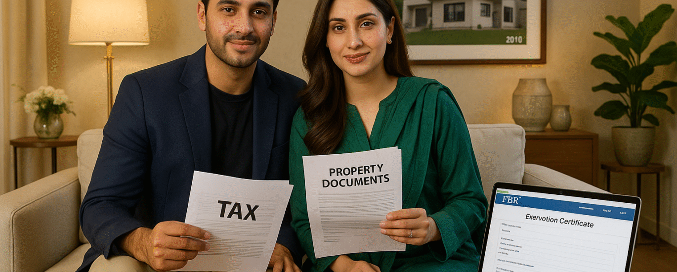 couple in Pakistan applying for FBR tax exemption on home sale after 15 years of residence.