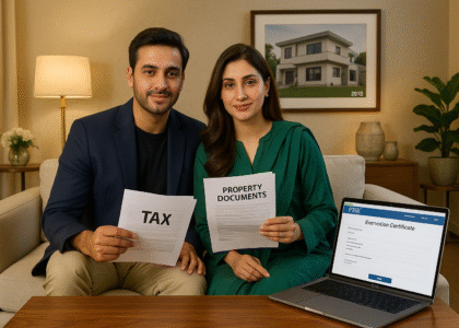 couple in Pakistan applying for FBR tax exemption on home sale after 15 years of residence.
