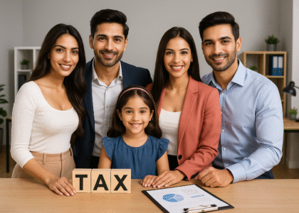 Professional parents with minor child discussing business tax matters in Pakistan