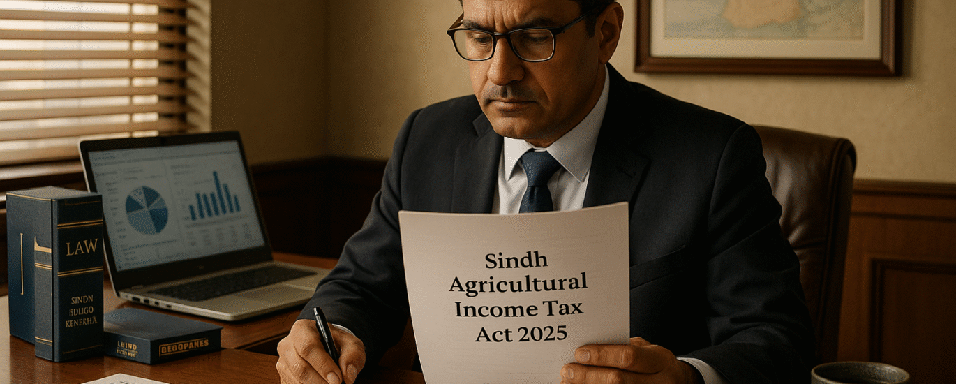Tax consultant reviewing Sindh Agricultural Income Tax Act 2025 documents in Karachi office — professional advocate analyzing agricultural tax files and revenue schedules.