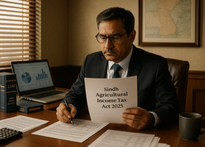 Tax consultant reviewing Sindh Agricultural Income Tax Act 2025 documents in Karachi office — professional advocate analyzing agricultural tax files and revenue schedules.