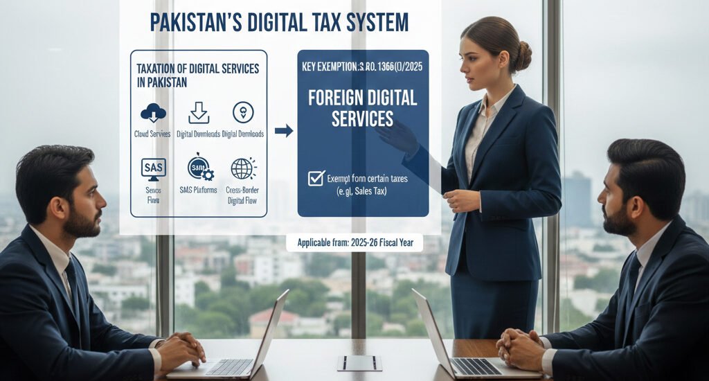 Infographic showing exemption of imported digital services from Digital Presence Proceeds Tax under SRO 1366(I)/2025.