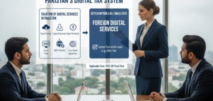Infographic showing exemption of imported digital services from Digital Presence Proceeds Tax under SRO 1366(I)/2025.