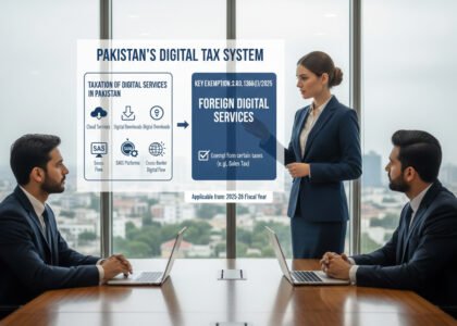 Infographic showing exemption of imported digital services from Digital Presence Proceeds Tax under SRO 1366(I)/2025.