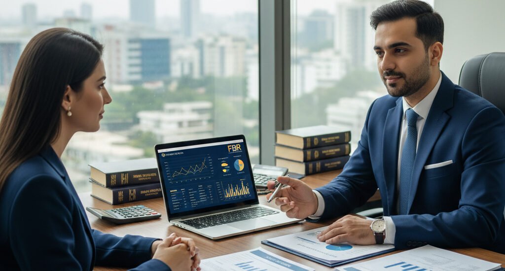 Professional tax consultant discussing key questions with a client in a modern Karachi office — Tanweer Habib & Co.