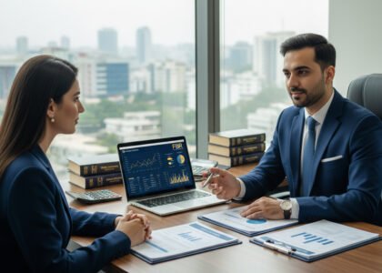 Professional tax consultant discussing key questions with a client in a modern Karachi office — Tanweer Habib & Co.