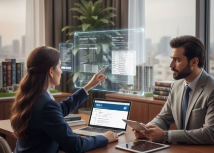 Tax consultant in Karachi advising a property dealer on capital gains tax, rental income tax, and real estate tax return filing in Pakistan.