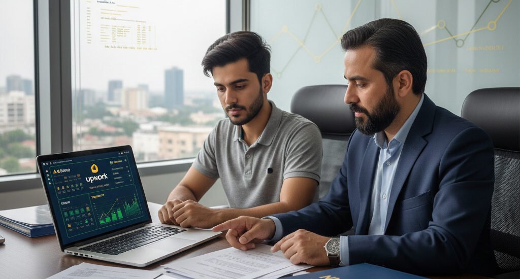 Freelancer and YouTuber discussing tax filing and foreign income rules with a tax consultant at Tanweer Habib & Co.