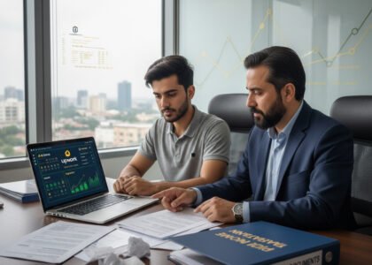 Freelancer and YouTuber discussing tax filing and foreign income rules with a tax consultant at Tanweer Habib & Co.