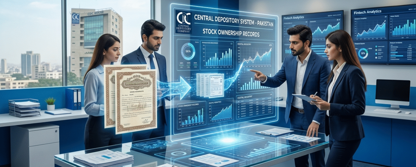 A modern corporate office in Pakistan showing financial professionals analyzing digital stock ownership data on large screens, representing the transformation of paper share certificates into a Central Depository System with holographic fintech visualization.