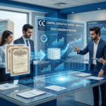 A modern corporate office in Pakistan showing financial professionals analyzing digital stock ownership data on large screens, representing the transformation of paper share certificates into a Central Depository System with holographic fintech visualization.