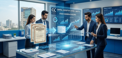 A modern corporate office in Pakistan showing financial professionals analyzing digital stock ownership data on large screens, representing the transformation of paper share certificates into a Central Depository System with holographic fintech visualization.